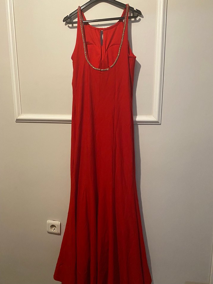 Klasik Kırmızı V Yakalı Uzun Abiye Elbise - Görsel 4