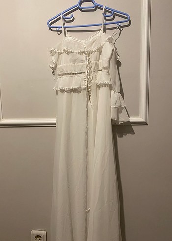 Beyaz Volanlı Bohem Uzun Elbise - Görsel 7