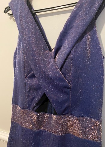 Lacivert Drapeli V Yaka Uzun Abiye Elbise - Görsel 3