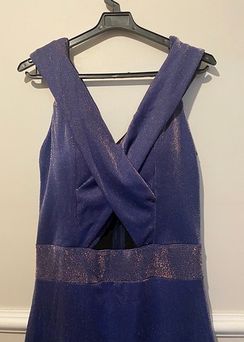 Lacivert Drapeli V Yaka Uzun Abiye Elbise - Görsel 2