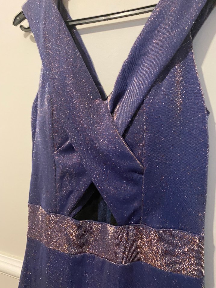 Lacivert Drapeli V Yaka Uzun Abiye Elbise - Görsel 3