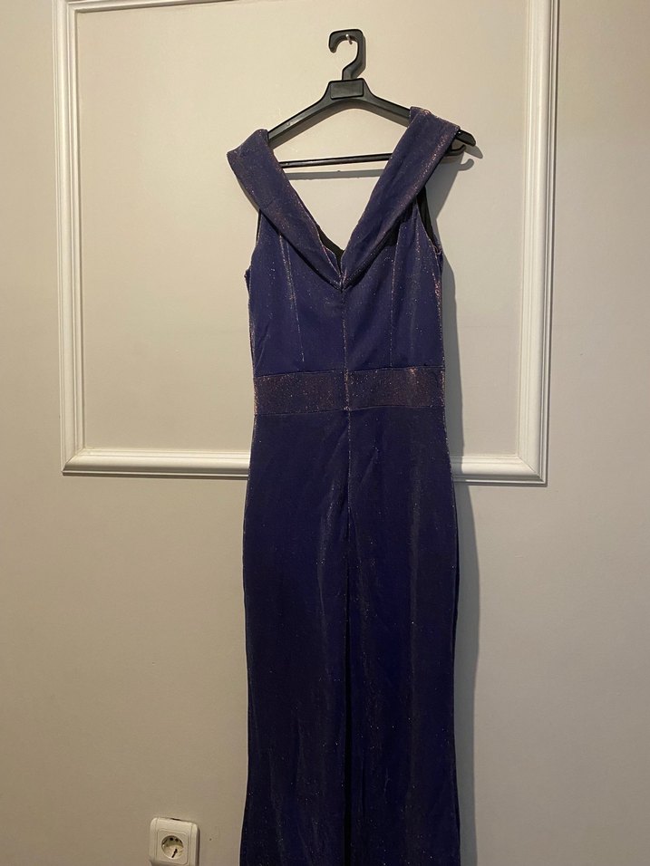 Lacivert Drapeli V Yaka Uzun Abiye Elbise - Görsel 4