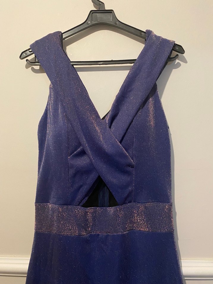 Lacivert Drapeli V Yaka Uzun Abiye Elbise - Görsel 2