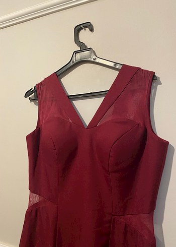 Bordo V Yakalı Drapeli Uzun Abiye Elbise - Görsel 3