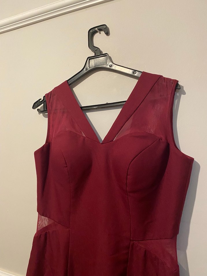 Bordo V Yakalı Drapeli Uzun Abiye Elbise - Görsel 3