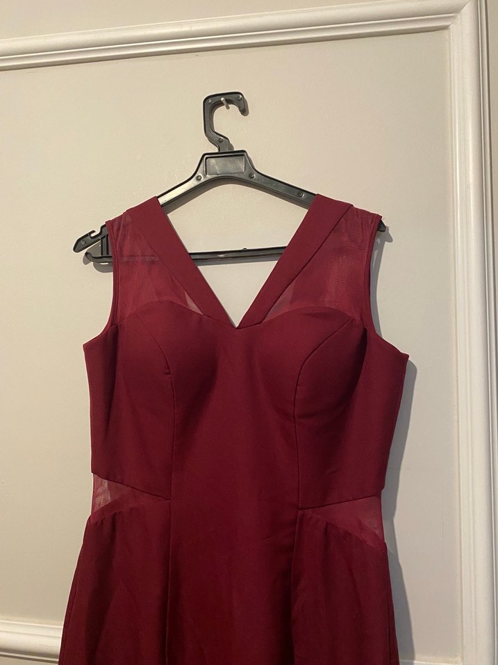 Bordo V Yakalı Drapeli Uzun Abiye Elbise - Görsel 2