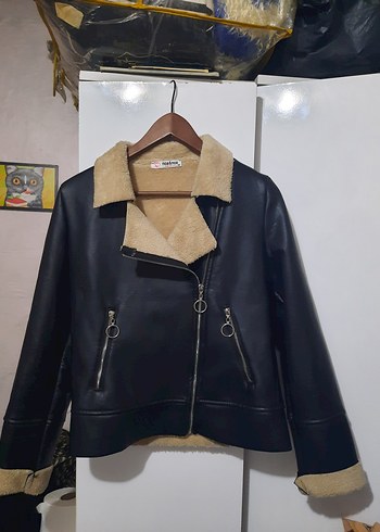 siyah Kürklü Deri Biker Ceket