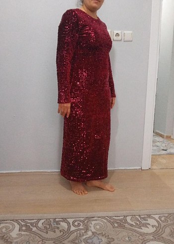 Bordo Uzun Kollu Payetli Abiye Elbise