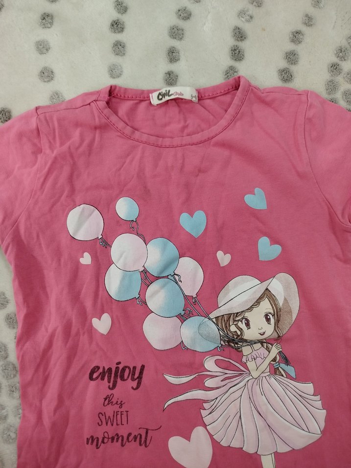 Kız Çocuk Pembe Baskılı Kısa Kollu Tişört - Görsel 3