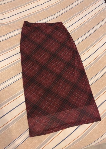 Bordo Ekose Desenli Midi Etek - Görsel 4