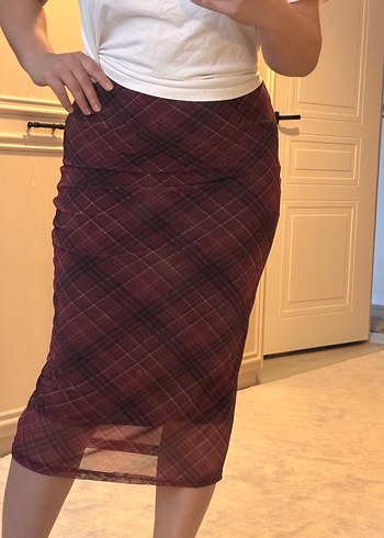 Bordo Ekose Desenli Midi Etek - Görsel 2