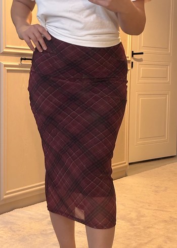 Bordo Ekose Desenli Midi Etek - Görsel 3