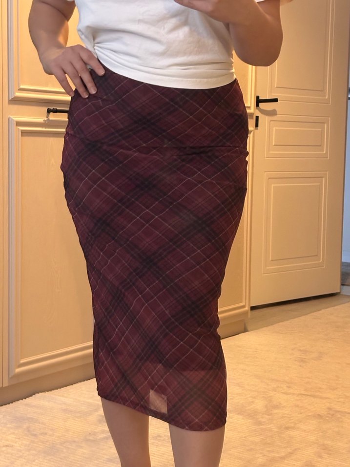 Bordo Ekose Desenli Midi Etek - Görsel 3