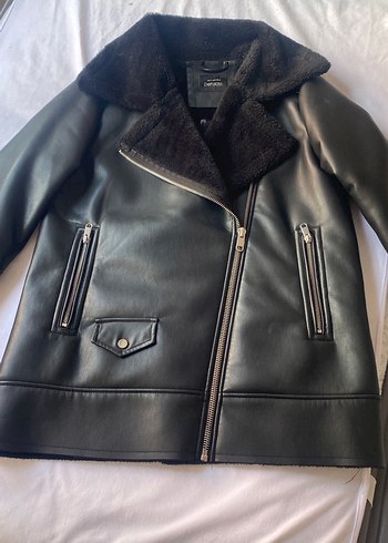 Siyah Kürklü Deri Biker Ceket