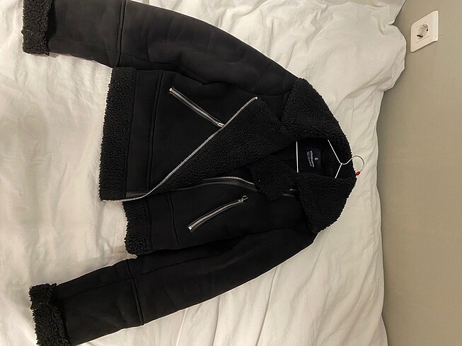 stradivarius yünlü biker siyah kaban