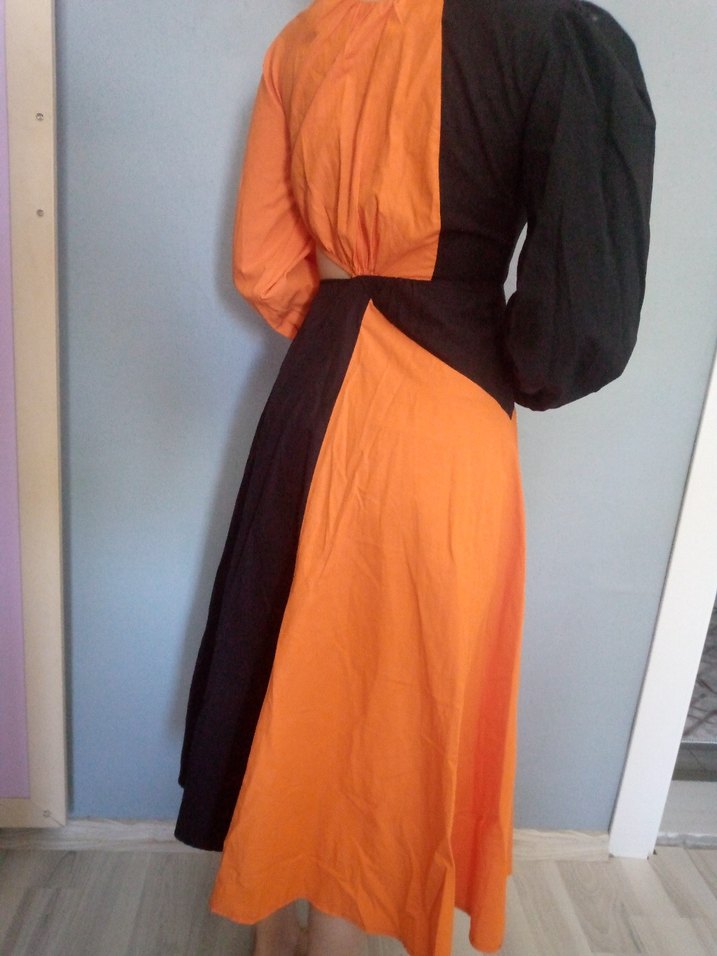 Düğmeli Turuncu Kadın Uzun Elbise - Görsel 4