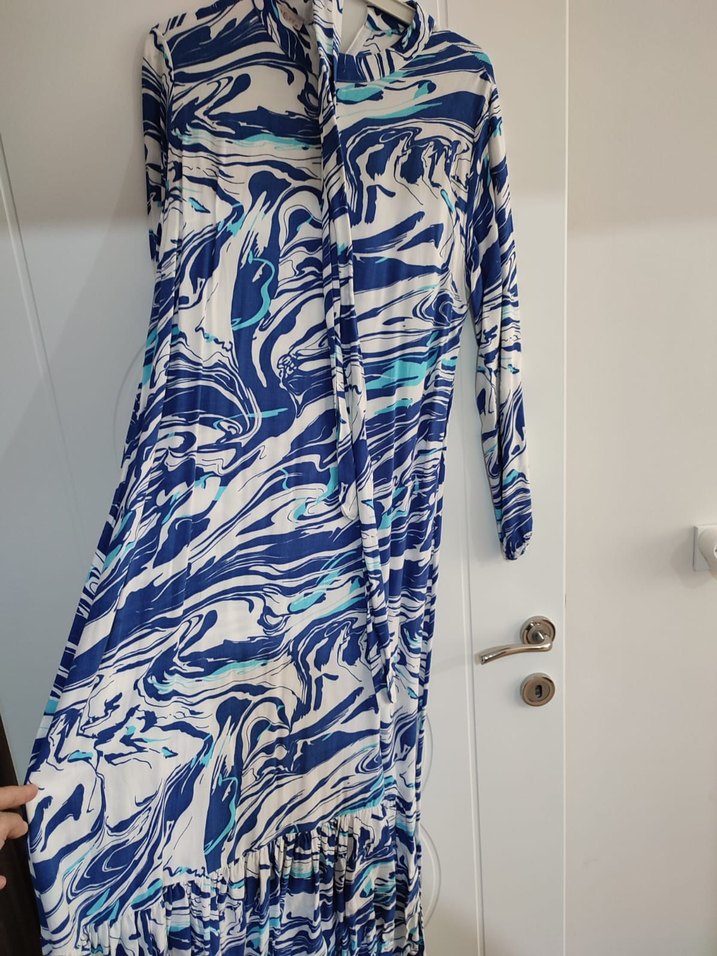 Uzun Kol, Pliseli Mavi Bohem Elbise - Görsel 3