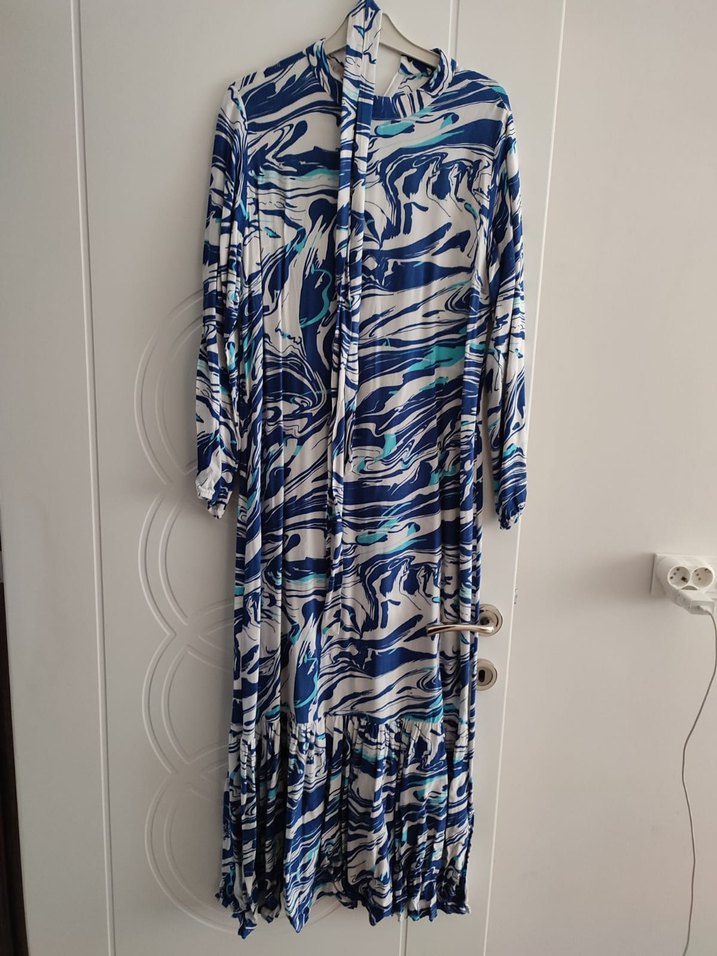 Uzun Kol, Pliseli Mavi Bohem Elbise - Görsel 2