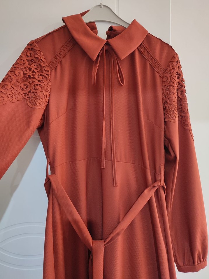 kiremit renk uzun tesettür elvise - Görsel 2