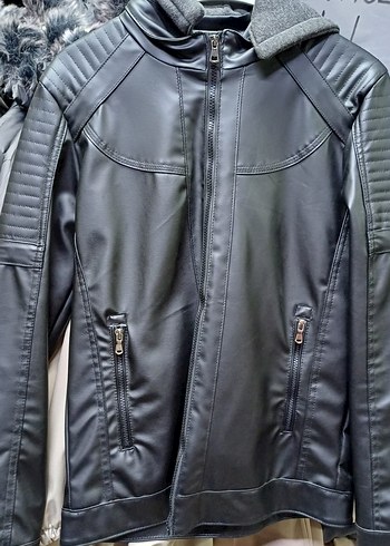 Erkek kapşonlu deri ceket - Görsel 4
