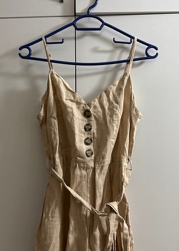 Bej Uzun Keten Askılı Kadın tulum - Görsel 2