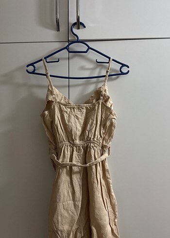 Bej Uzun Keten Askılı Kadın tulum - Görsel 3