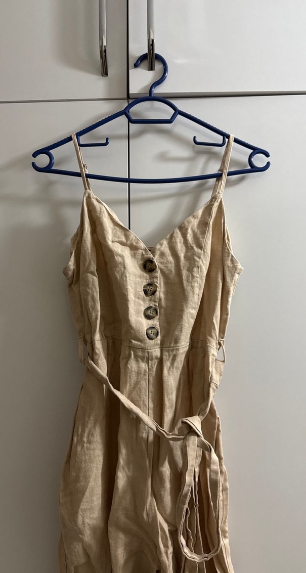 Bej Uzun Keten Askılı Kadın tulum - Görsel 2