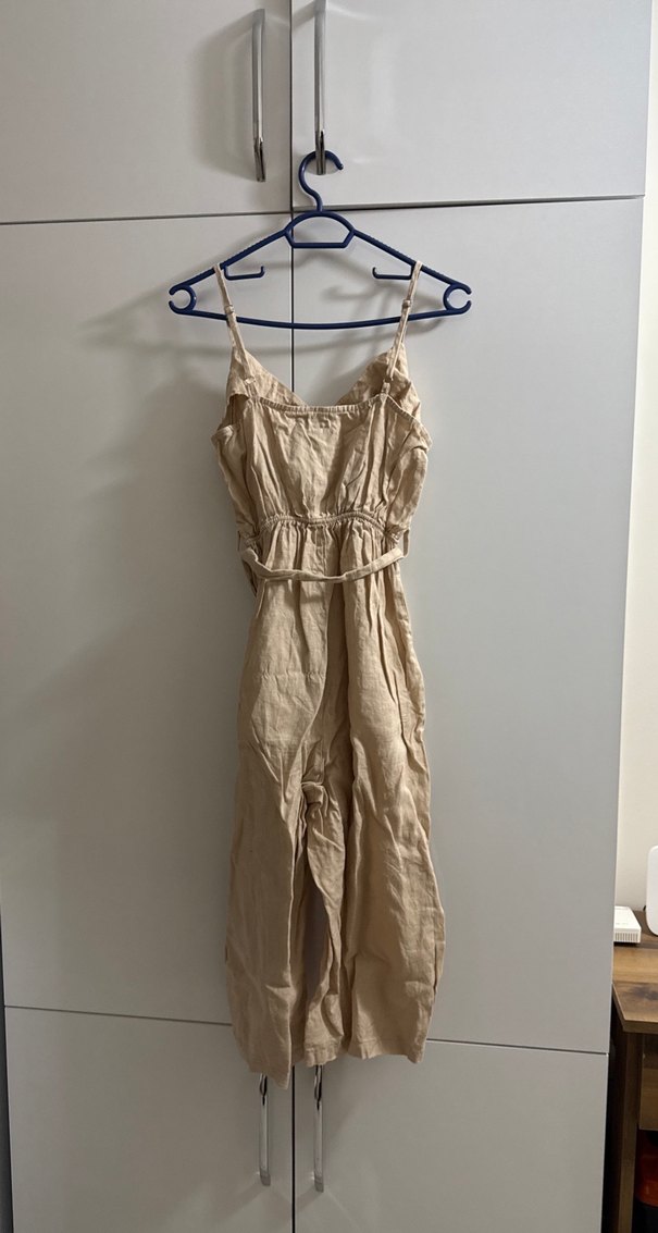 Bej Uzun Keten Askılı Kadın tulum - Görsel 4