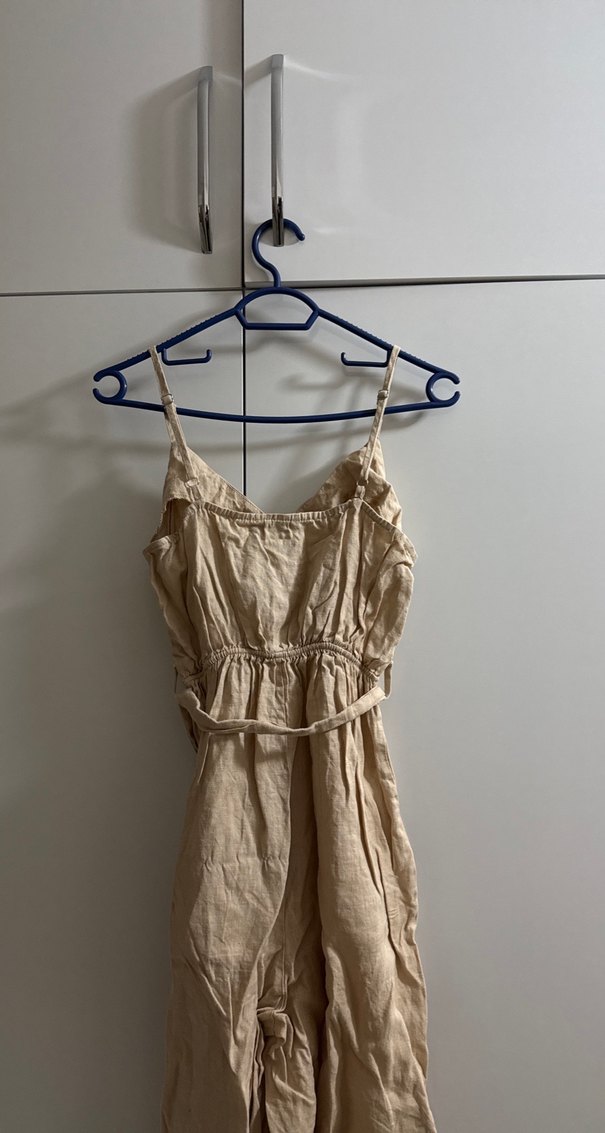 Bej Uzun Keten Askılı Kadın tulum - Görsel 3