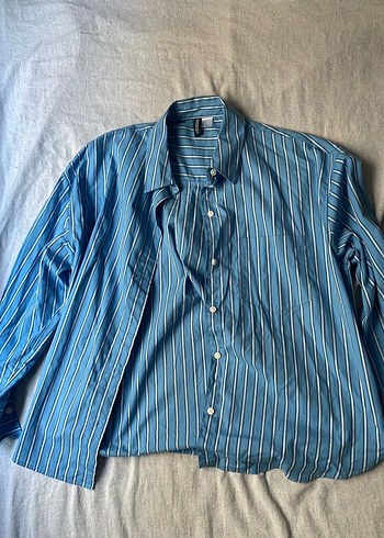 H&M Mavi Cizgili Oversize Gomlek