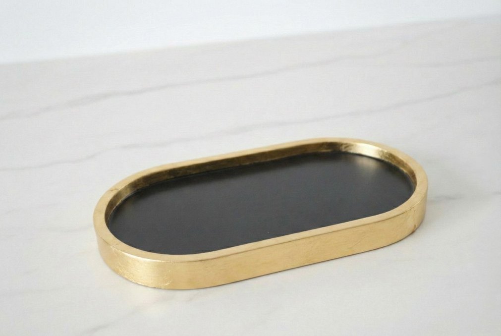 2'li Gold Detaylı Epoksi Siyah Oval Tepsi 18x9.5cm - Görsel 2