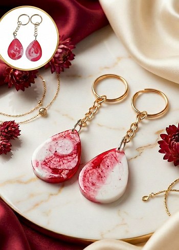 2'li Set Özel Tasarım Kırmızı & Beyaz Damla Epoksi Anahtarlık - Görsel 2