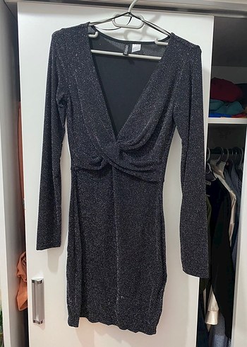 H&M Gri V Yakalı Drapeli Mini Elbise