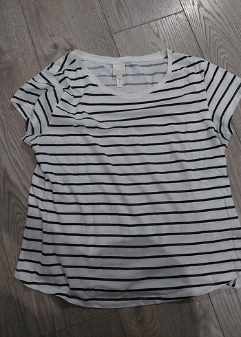 Kadın Beyaz Siyah Çizgili Kısa Kollu Tişört - Görsel 2