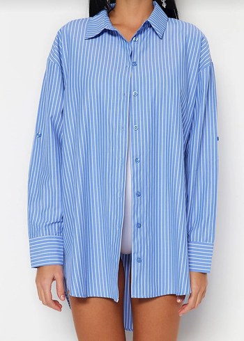 Mavi Çizgili Uzun Kollu Kadın Gömlek - Görsel 2