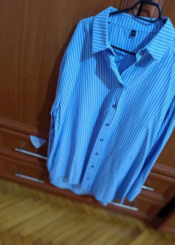 Mavi Çizgili Uzun Kollu Kadın Gömlek - Görsel 6