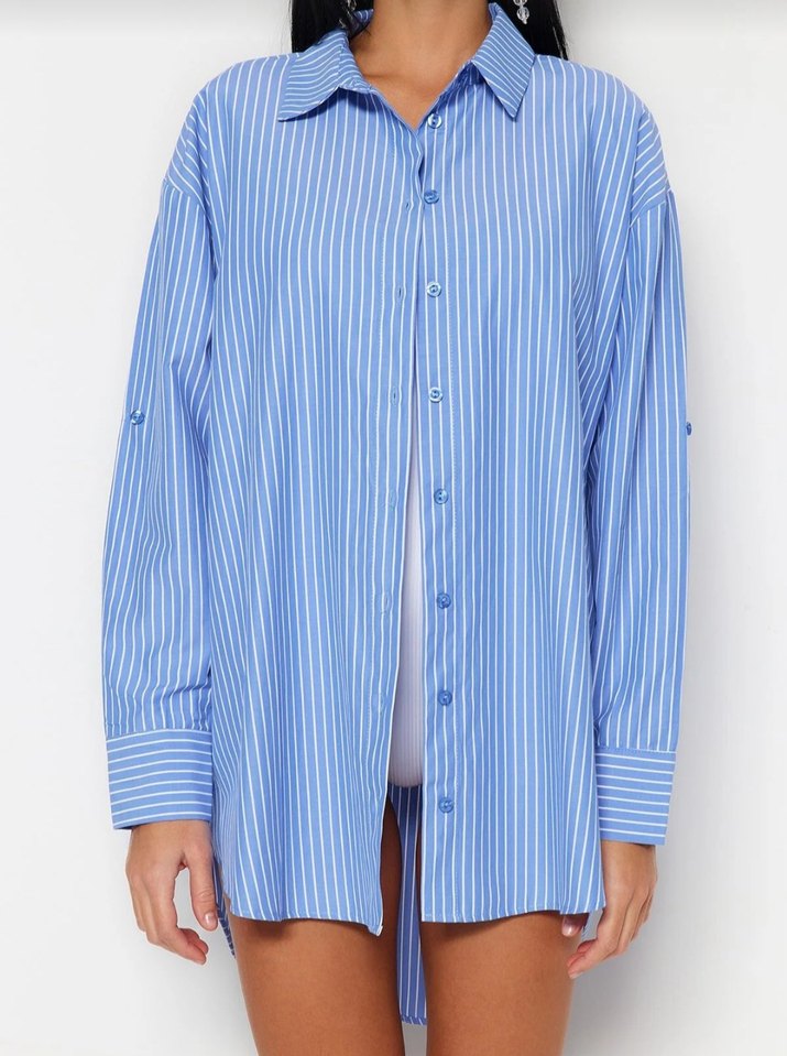 Mavi Çizgili Uzun Kollu Kadın Gömlek - Görsel 2