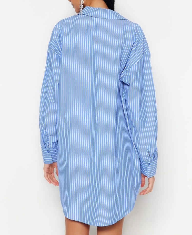 Mavi Çizgili Uzun Kollu Kadın Gömlek - Görsel 3