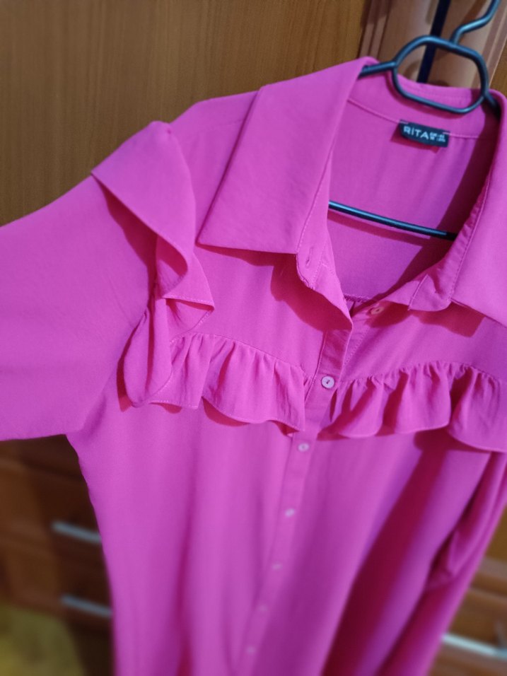 Pembe Uzun Kollu Fırfırlı Tunik - Görsel 2