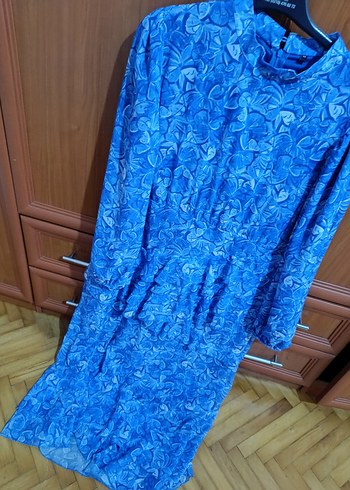 Mavi Uzun Kollu Fırfırlı Uzun Elbise - Görsel 3