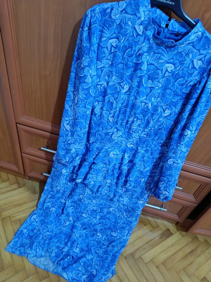 Mavi Uzun Kollu Fırfırlı Uzun Elbise - Görsel 3