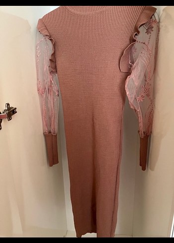 Camel Renkli Yüksek Yakalı Midi Elbise - Görsel 4