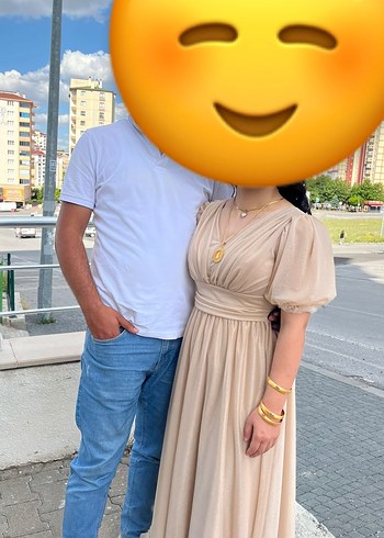 Camel Renk Drapeli Midi V Yaka Elbise - Görsel 3