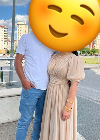 Camel Renk Drapeli Midi V Yaka Elbise - Görsel 2