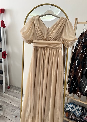 Bej Uzun Drapeli Kadın Elbise - Görsel 2