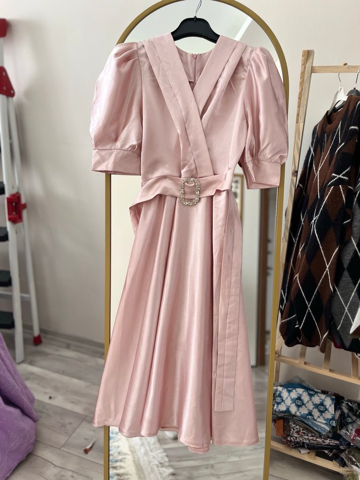 Pudra Pembe Uzun Drapeli Abiye Elbise - Görsel 2