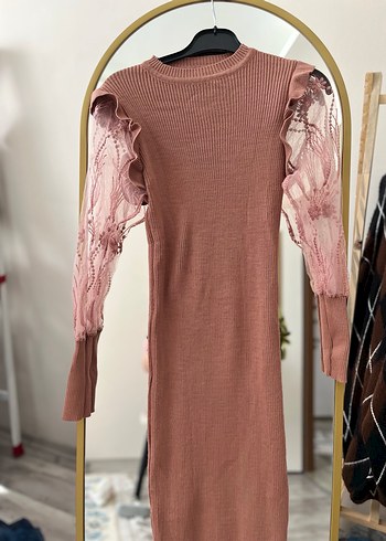 Dantel Kollu Uzun Pembe Bohem Triko Kazak - Görsel 2