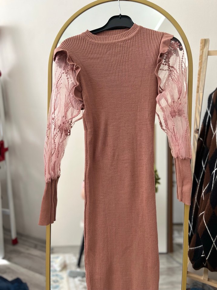 Dantel Kollu Uzun Pembe Bohem Triko Kazak - Görsel 2