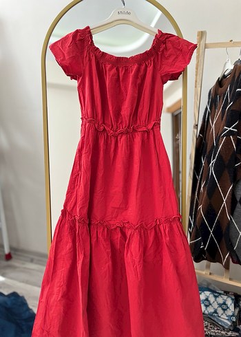 Kırmızı Uzun Bohem Keten Elbise - Görsel 2