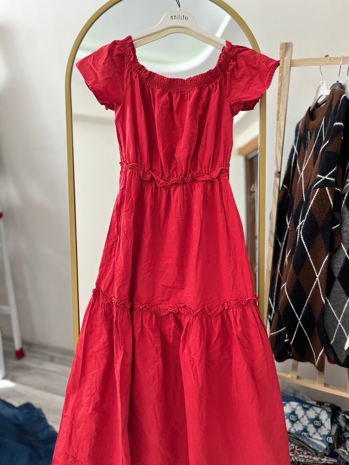 Kırmızı Uzun Bohem Keten Elbise - Görsel 2